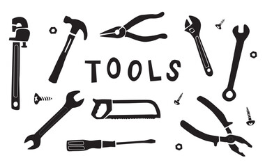 A haushold Tools set in doodle style. Hand drawn illustration of different type of equipment for repair like a Hammer, Screwdriver, Axe, saw and Drill.