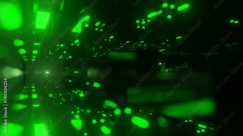 Aufkleber blocks in air. large space. fly through technology cyberspace with green neon glow. sci-fi flight th