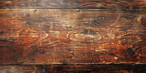 Dark brown wooden background with a rough texture and old wood grain, top view. Wooden table or floor with a worn surface. Vintage wood wall banner for design,