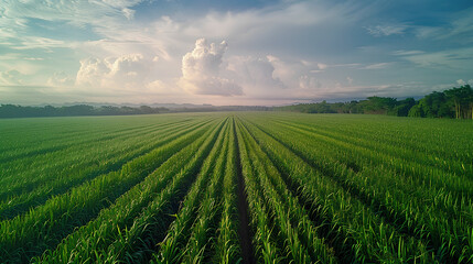 Fototapeta na wymiar Drone photo of cane sugar. Sugarcane field in blue sky and white cloud