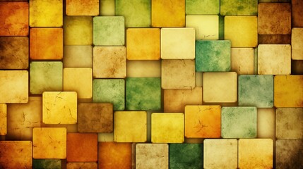 Yellow and green wall covered in square tiles arranged in a grid pattern, AI-generated.