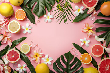 .Tropical background with fruits and flowers and space for text. - obrazy, fototapety, plakaty