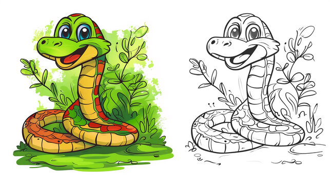Illustration of a cute cartoon boa constrictor in nature in the style of a children's coloring book on a white background. Two illustrations - color and black and white for coloring.