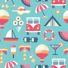 Vector seamless summer travel pattern. Beach vacation flat style elements, retro bus, flowers, balloon, tent, ice-cream, palm. Tourism, holiday, trip design. Pastel colors. - 780435053