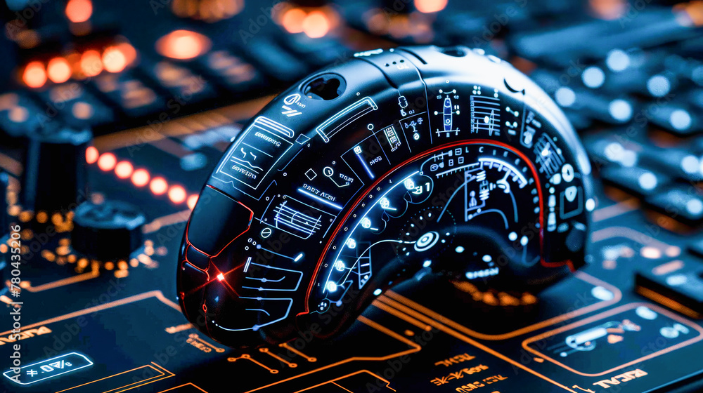 Poster futuristic, cybernetic mouse concept on a circuit board, symbolizing advanced technology, innovation