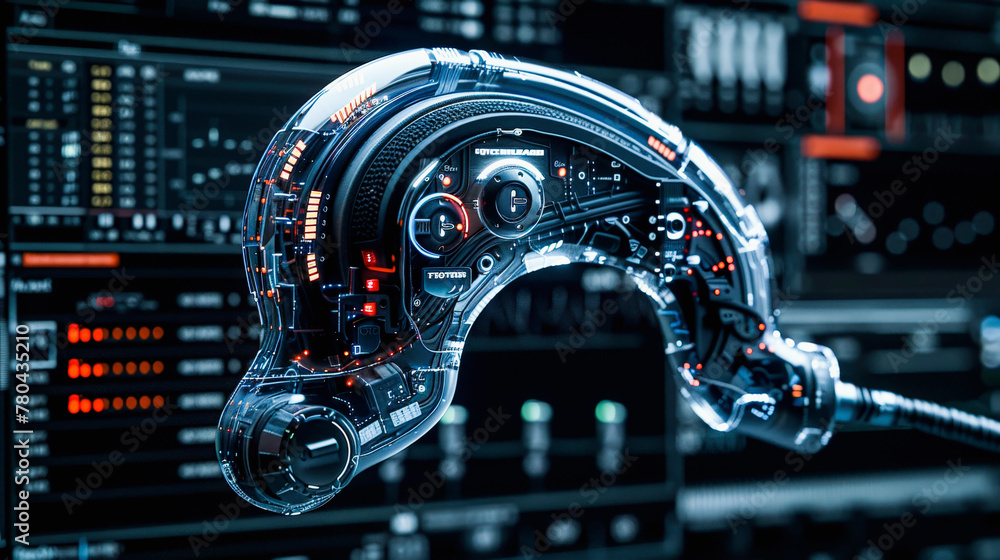Poster a futuristic robotic headset with intricate details and glowing red lights against a background of c