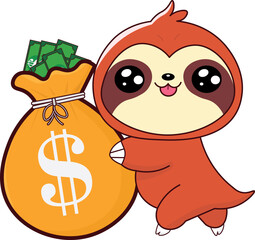 sloth with money, cute illustration