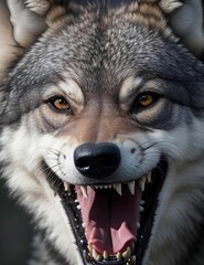 a wolf with its teeth wide open and his teeth showing