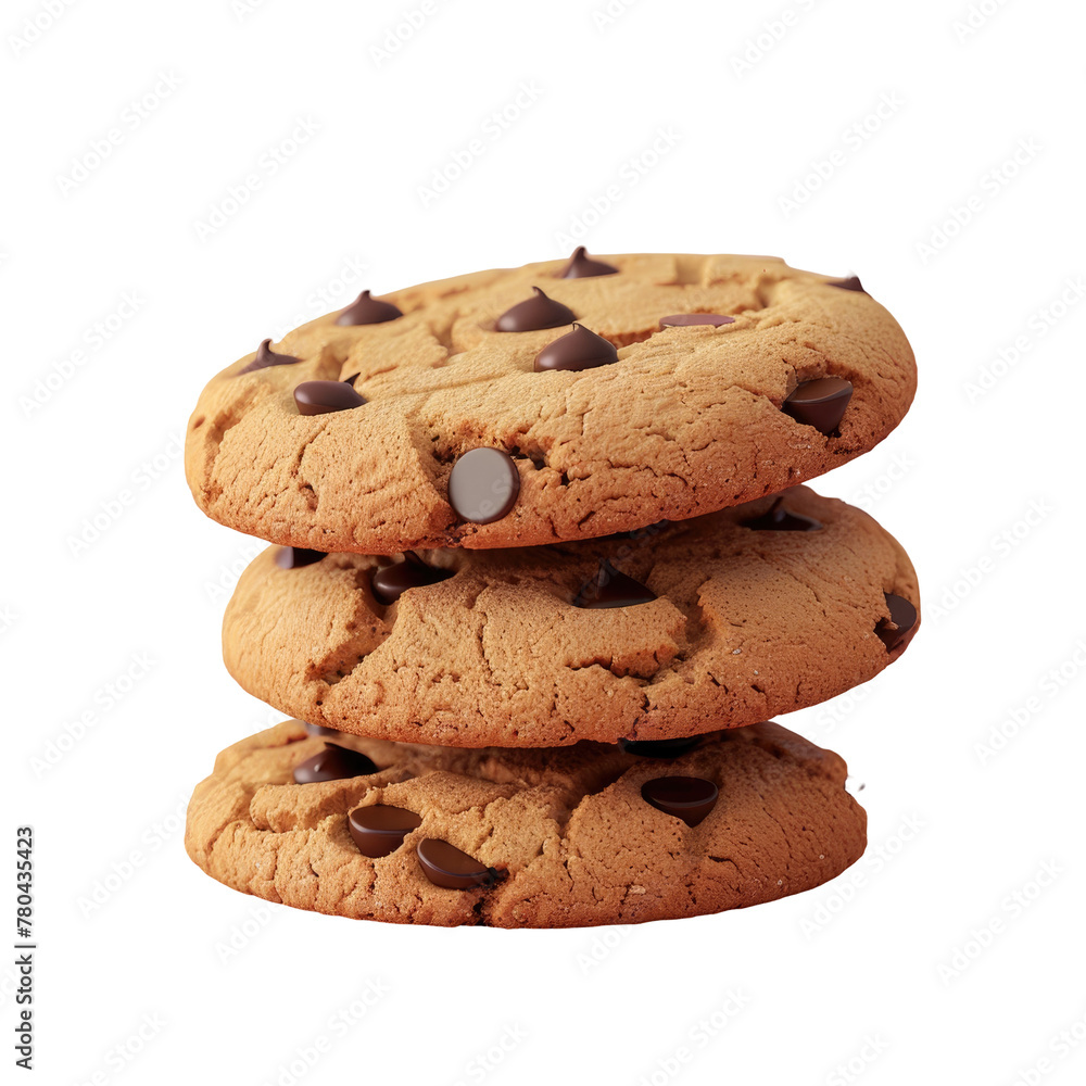 Poster a close up of a stack of chocolate chip cookies on a transparent background