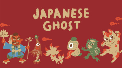 Vector template illustration of traditional Japanese ghosts like tengu and kappa.