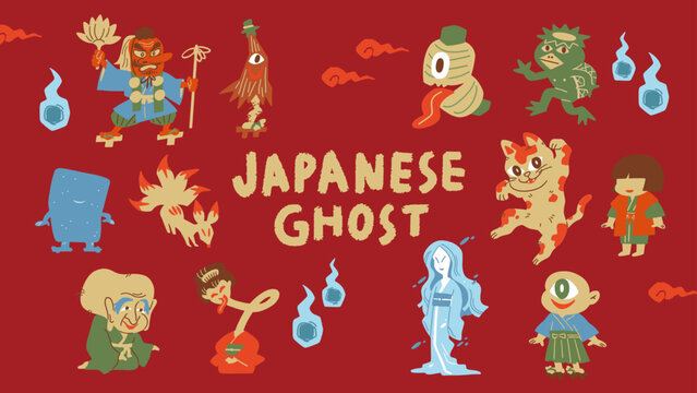 Vector illustration set of traditional Japanese yokai such as tengu and kappa