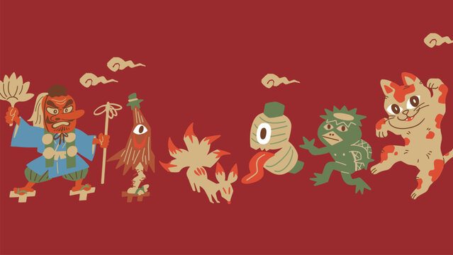 天狗や河童などのかわいい妖怪のベクターテンプレートイラスト素材 Vector template illustration of cute yokai like tengu and kappa.