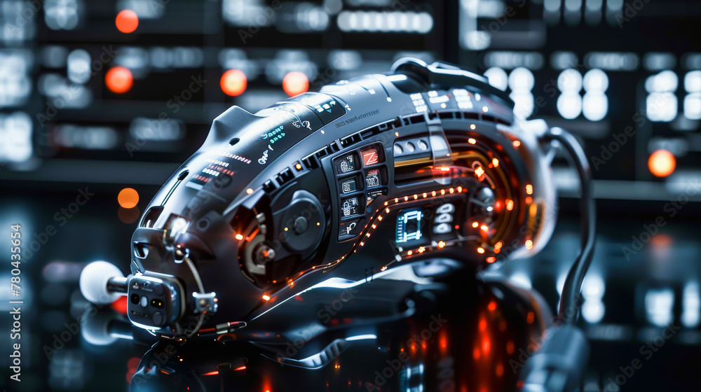 Poster futuristic robotic hand with intricate details against a backdrop of illuminated technology panels, 