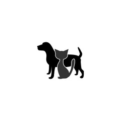 Silhouette of the dog, silhouette of the cat on a white background.