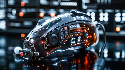 Futuristic robotic hand with intricate details against a backdrop of illuminated technology panels, depicting advanced cybernetics or AI concept.