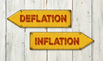 Direction signs on a wooden wall - Deflation or Inflation