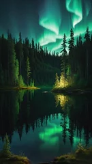 Wall murals Forest in fog Aurora borealis, northern lights over lake and forest. Nature background and wallpaper
