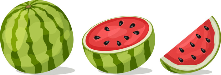 Set of ripe watermelon, half and piece close-up on a white background. - 780435880