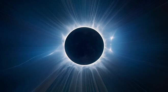 full solar eclipse with light ray lines radiating outward,