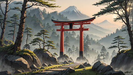 AI-generated illustration of a serene landscape with a red tori gate and Mount Fuji