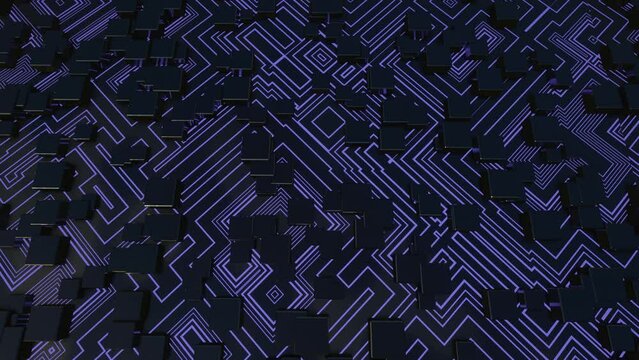 Hi tech pattern on plane surface, neon glow, complex elements and structure. 4k looped animation. 3d objects form sci fi composition on surface 3d pattern. Information technology, futuristic hardware