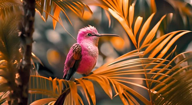Palm trees golden color, picture a pink humming Bird sitting