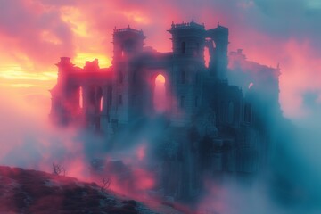 AI-generated illustration of An ancient structure shrouded in mist atop a hill under sunset skies - obrazy, fototapety, plakaty