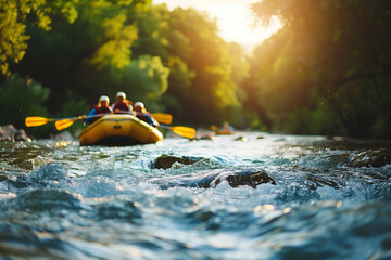 River Rafting Adventure in a Picturesque Nature Landscape - river rafting, water sports, shallow depth of field. - obrazy, fototapety, plakaty