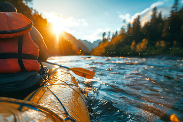 River Rafting Adventure in a Picturesque Nature Landscape - river rafting, water sports, shallow depth of field.