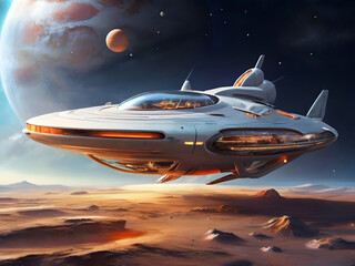 futuristic sci fi illustration of a spaceship and planets galaxy.