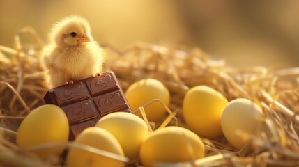 a baby chick sitting on top of chocolate and eggs with the title of the video - obrazy, fototapety, plakaty