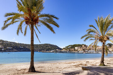 Port de Soller beach and harbour in Mallorca, Spain