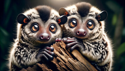 Two adorable lemurs with large, expressive eyes clinging to a tree branch - obrazy, fototapety, plakaty