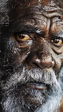 An aborigine man with a beard and a mustache is staring at the camera