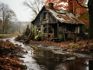 AI generated illustration of a countryside home in a lush field of grass on a wet rainy day