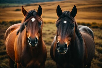 AI generated illustration of two horses stand in a sun-soaked open field, side by side - obrazy, fototapety, plakaty