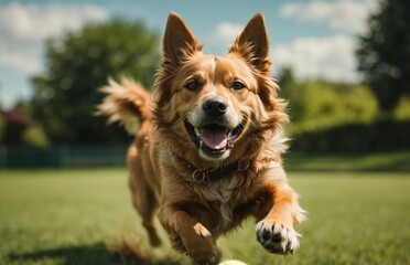 AI generated illustration of a dog running in a lush green grassy field