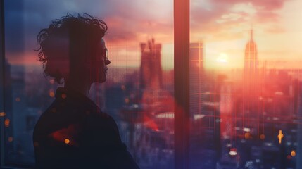Silhouette of a person with the setting sun in a window, AI-generated.