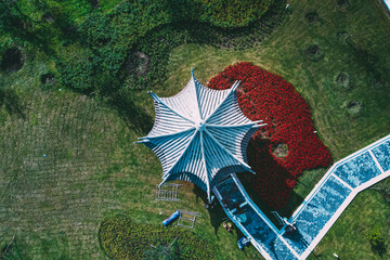 Aerial view of Chinese gazebo in green landscape in Stowe park