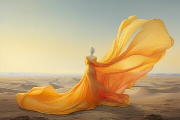 AI generated illustration of a beautiful woman in an elegant long yellow dress standing in a desert - obrazy, fototapety, plakaty
