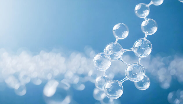 realistic transparent molecules bonding 3d translucent atoms bonds with bokeh and light blue background blank space