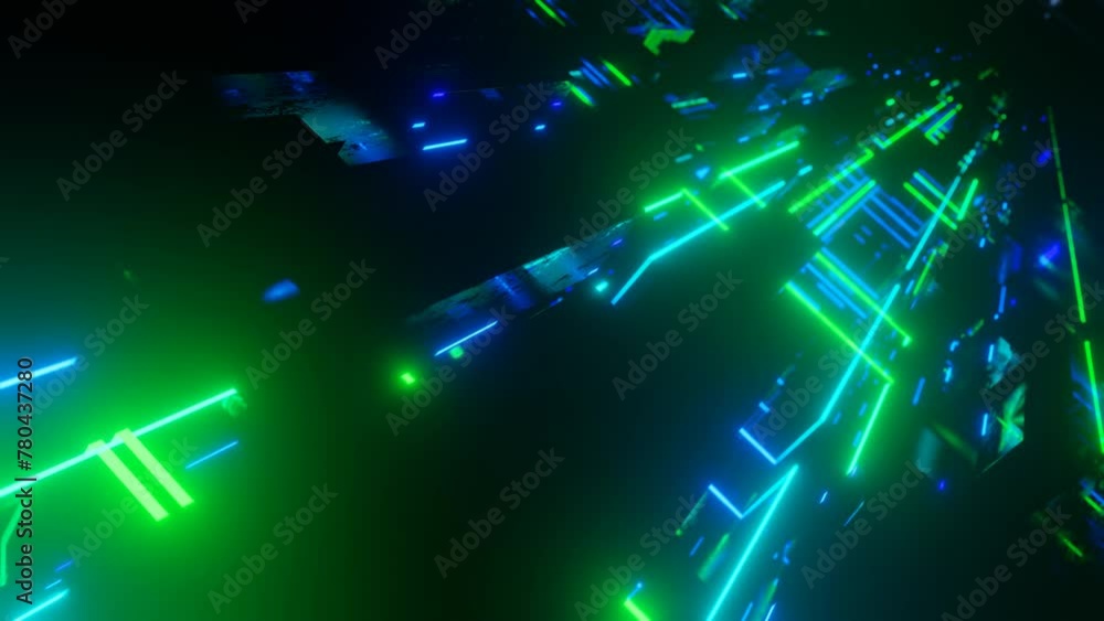 Aufkleber fly through technology cyberspace with blue green neon glow. sci-fi flight through hi-tech technolog