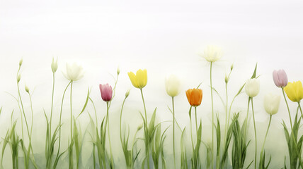Fototapeta premium spring tulips on a white background, artwork row of flowers