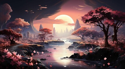 AI generated illustration of a scenic view of a river, with pink trees and flowers at night - obrazy, fototapety, plakaty