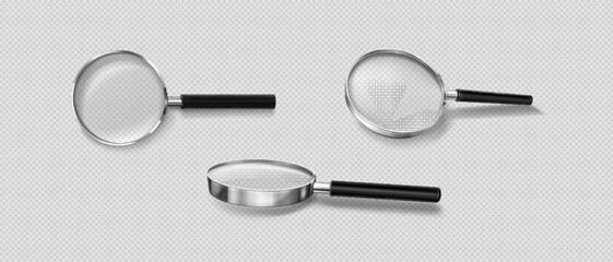 Obraz premium Realistic 3d magnifier glass in different angles of view. Vector illustration set of magnify with plastic handle, metal frame and transparent zoom lens for search and focus concept. Magnify loupe tool