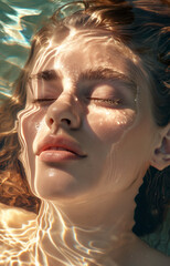 Sun-kissed face with water ripples reflecting on skin, a moment of summer bliss and natural beauty.