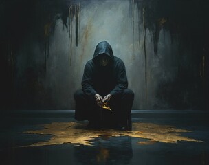 A Dark Illustration of a Mysterious Hooded Figure in a Sitting Position, Desolation and Melancholy Concept, AI Generative - obrazy, fototapety, plakaty
