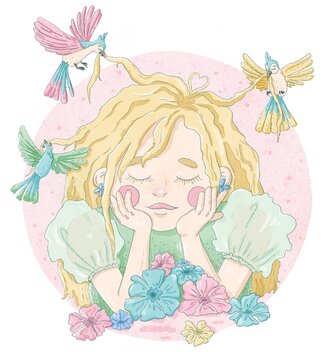 Cute sleepy girl with pastel colored birds and flowers
