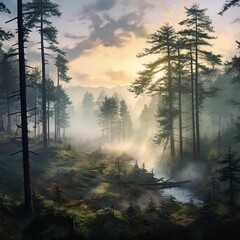 Fototapeta na wymiar AI generated illustration of an idyllic stream meandering through a foggy woodland, with tall trees