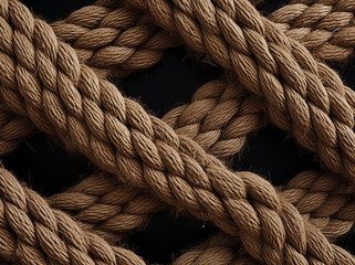 Fototapeta na wymiar Diagonal braided ropes on dark background, detailed texture, nautical theme, strength and connection concept.